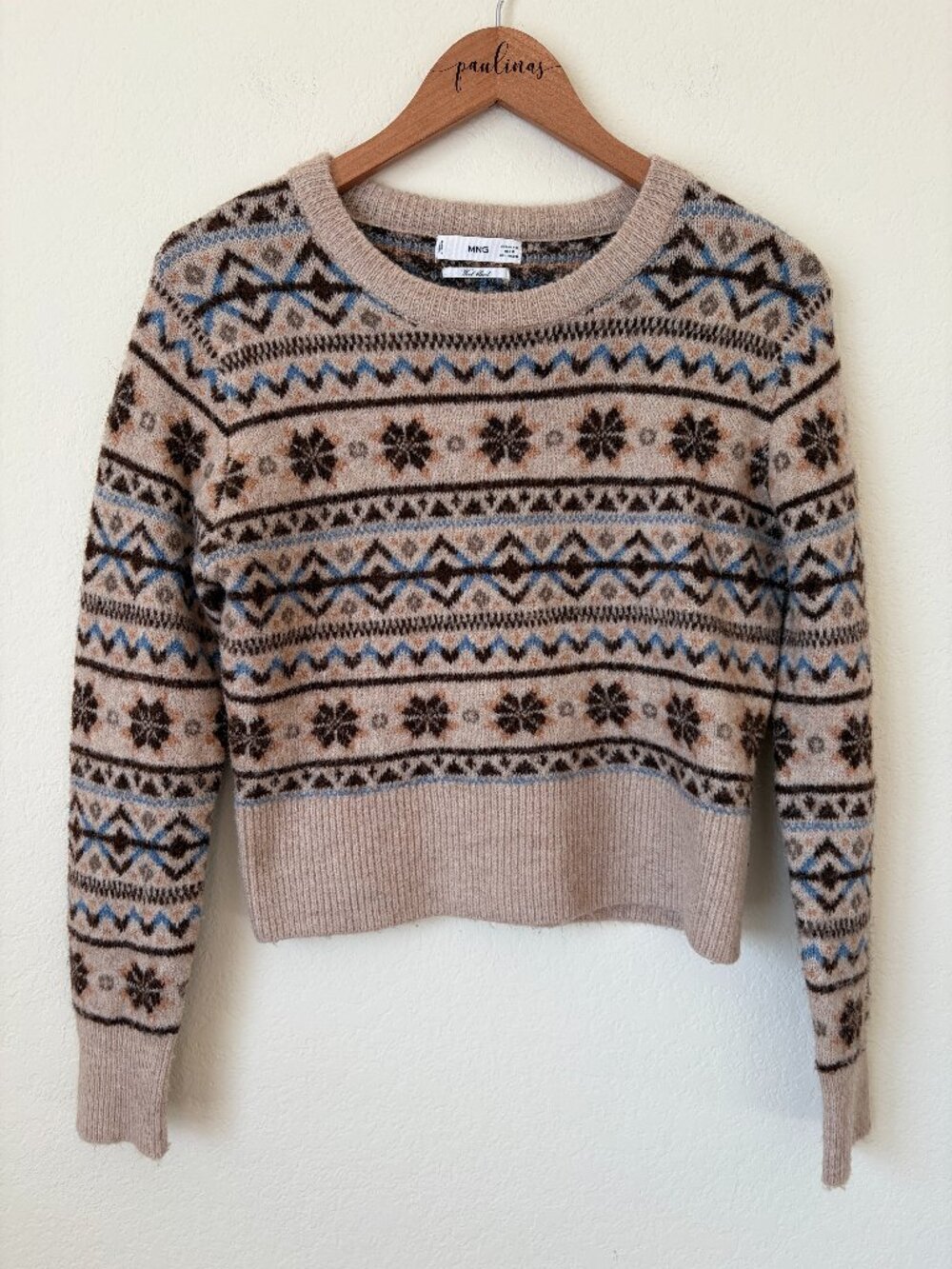 MNG Mango Sweater Womens Medium Brown Fair Isle Wool Blend Nordic Winter Top M
